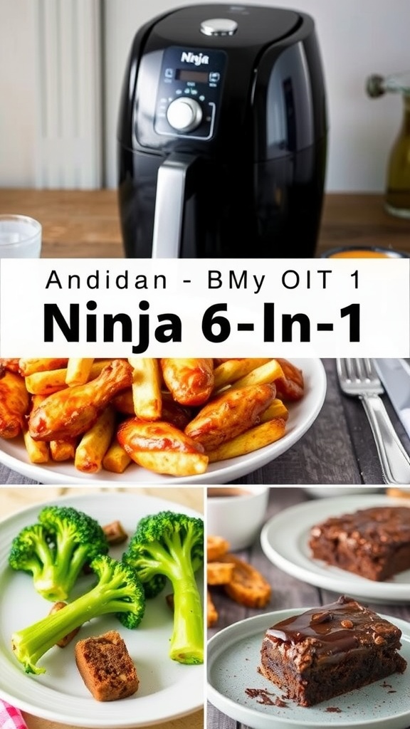 Collage of air fryer dishes including chicken wings, fries, broccoli, and brownies.